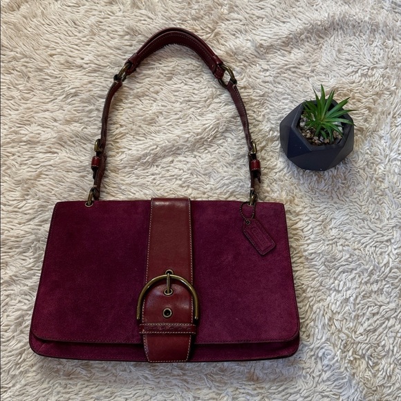 👜Vintage Y2K Coach Burgundy Suede &Leather shoulder bag(9664)